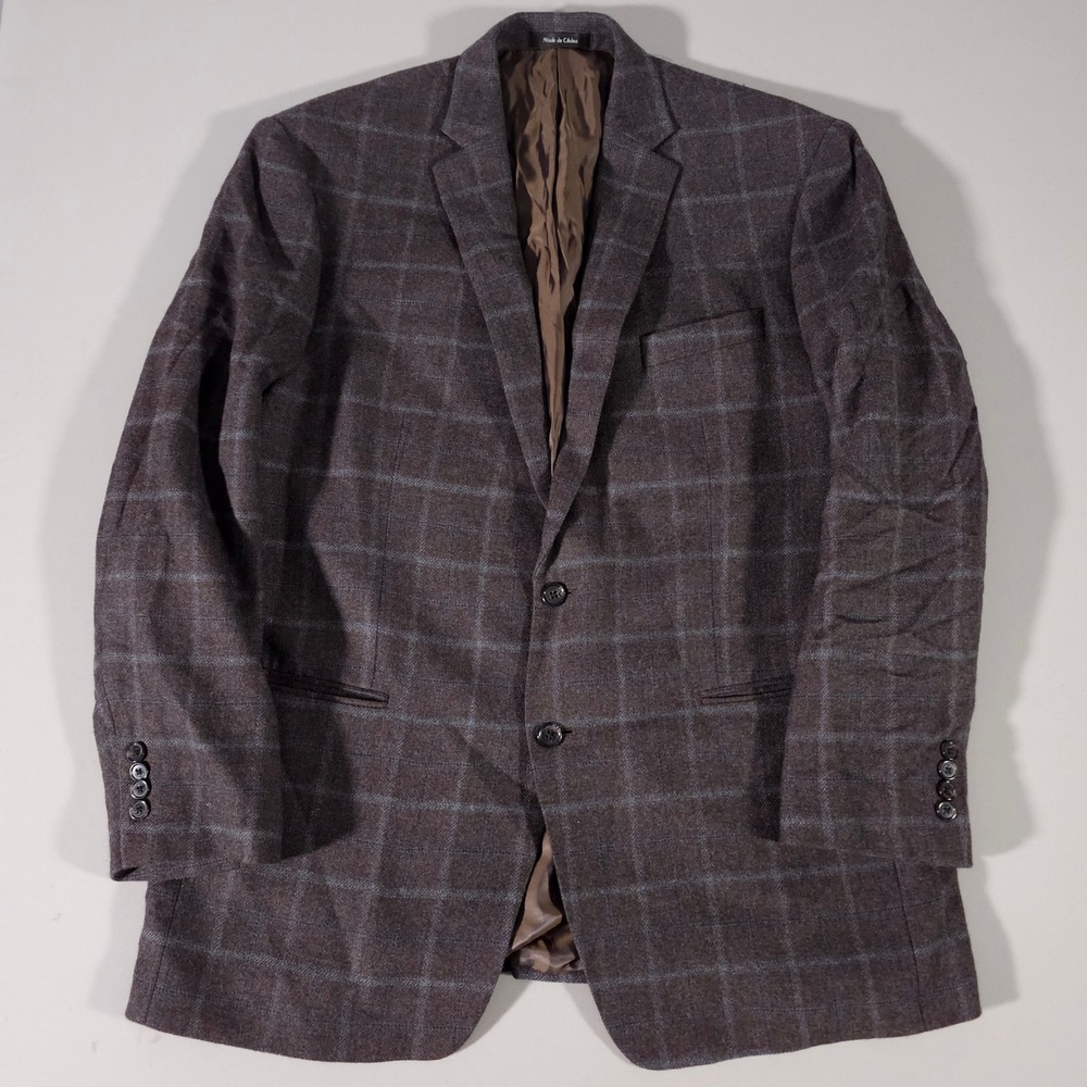 Lauren Ralph Lauren Sport Coat Mens 46L Brown Blue Windowpane Plaid 100% Wool